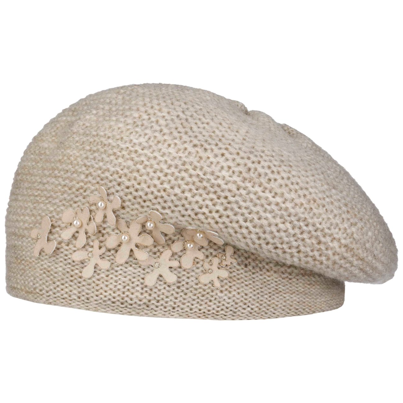 Mcburn Women's Beige Knit Beret With Flowers And Pearls By