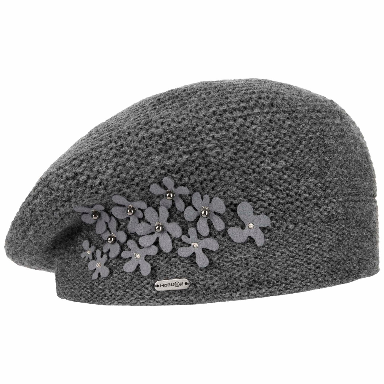 Mcburn Women's Anthracite Knit Beret With Flowers And Pearls By