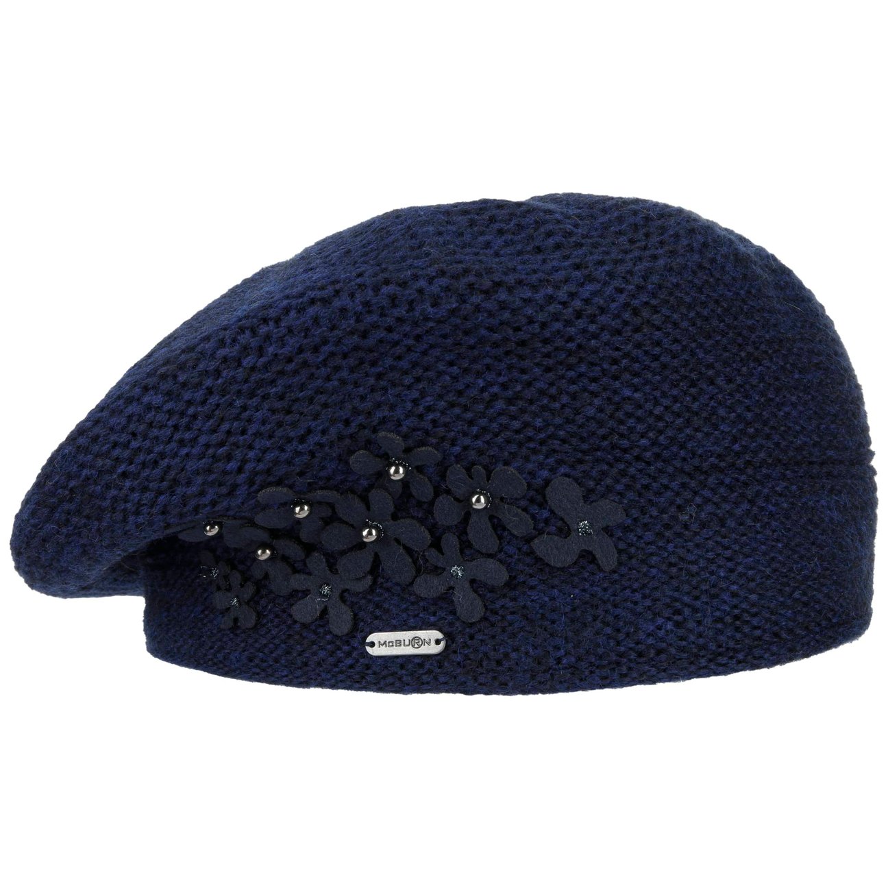 Mcburn Women's Navy Knit Beret With Flowers And Pearls By