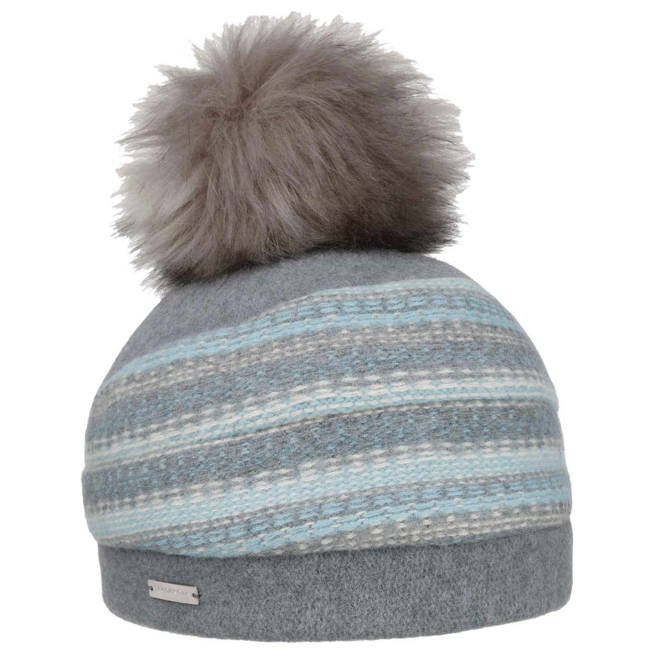 Seeberger Women's Light Blue Faux Fur Pom Milled Wool Hat By