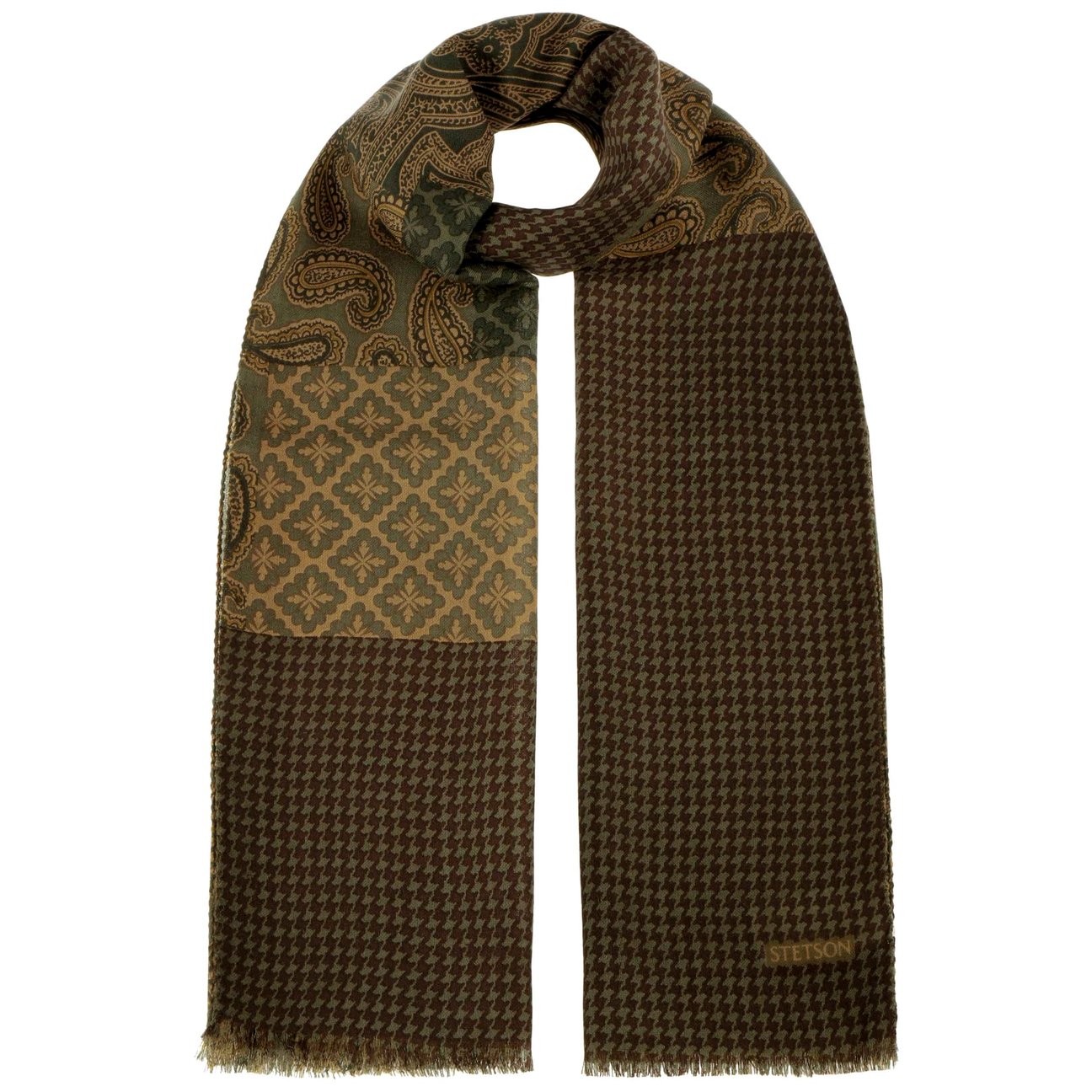 Stetson Women's Beige-Green Houndstooth Paisley Mix Wool Scarf By