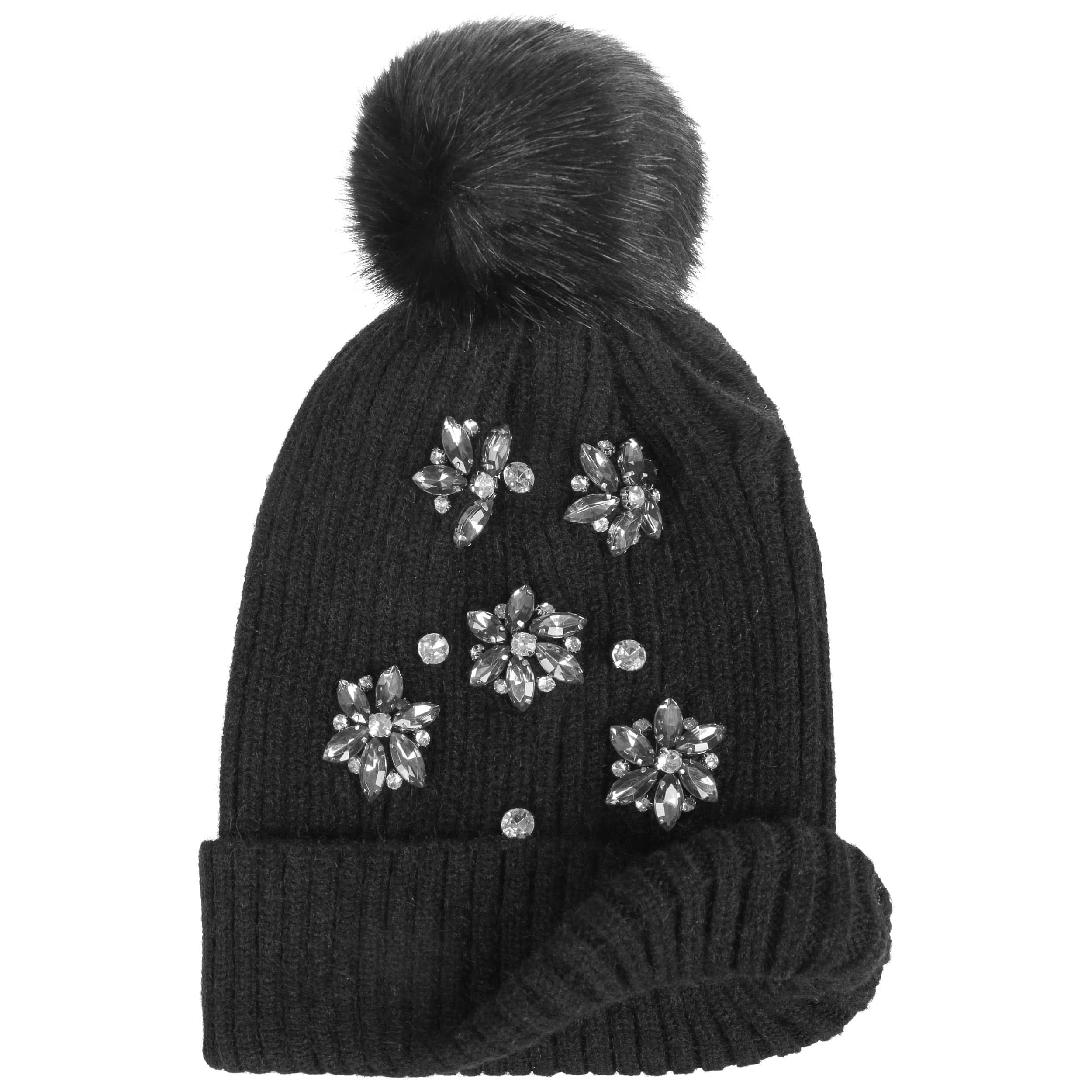 Beanie Hat with Rhinestone Flowers by Lipodo