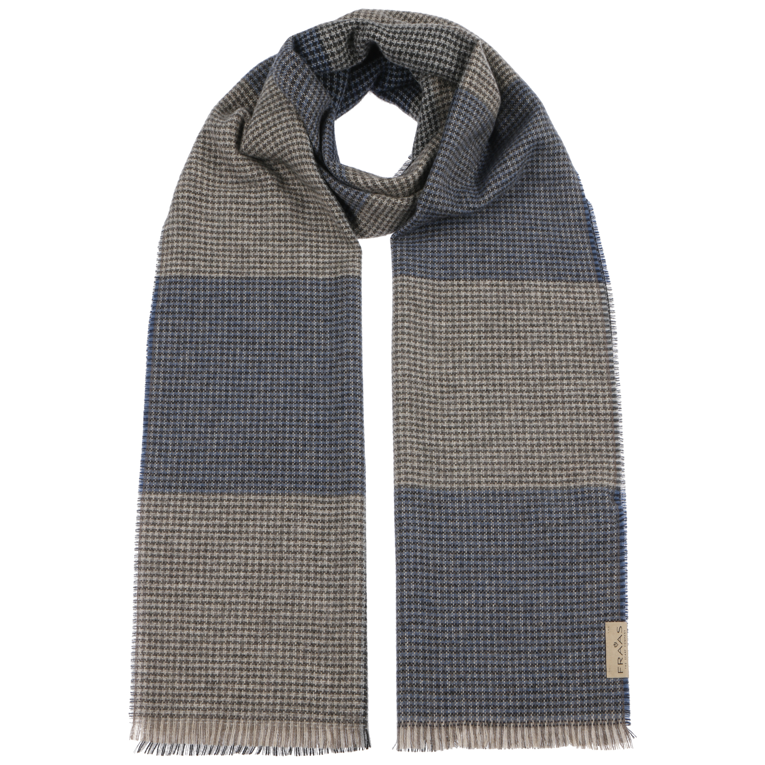 Tricolour Check Cashmere Scarf by Fraas - Blue-Beige - Size: One Size